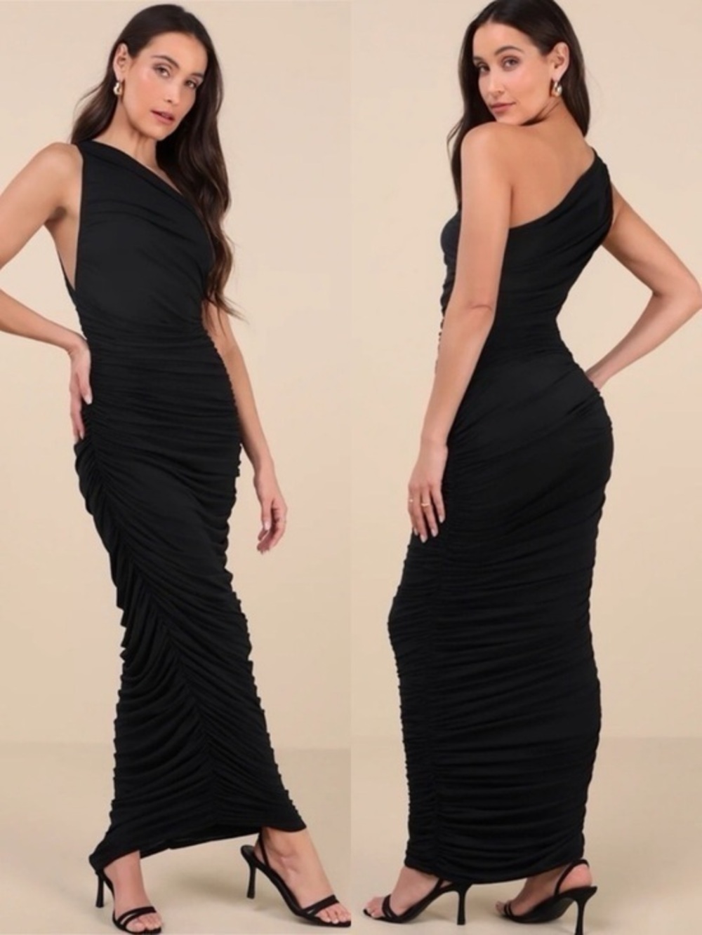 NWT Lulu’s Effortless Magnetism Black Ruched One-Shoulder Maxi Dress Medium Chic